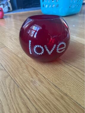 Ruby Red Glass Bubble Bowl Votive Candle Holder Rhinestone "Love" Accent